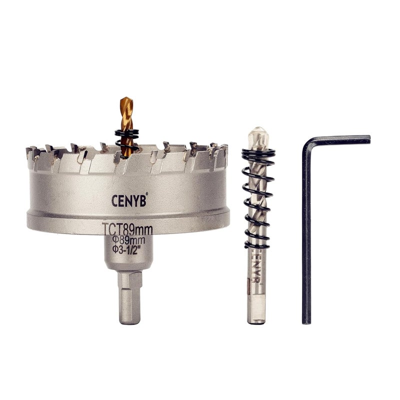 cenyb 3-1/2" (89mm) Tungsten Carbide Tipped Hole Saw with 2Pcs Titanium-Plated Pilot Drill Bits for Hard Metal,Stainless Steel,Iron,Aluminum Alloy,Wood and Plastic - Image 1